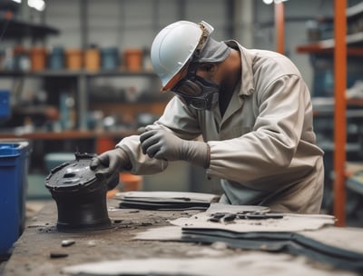 A person wearing an orange safety work uniform with reflective stripes and a white hard hat. The individual is also wearing safety glasses and appears to be smiling.