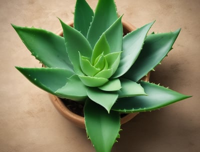 Vibrant green aloe vera plant with thick, fleshy leaves covered in a few scattered water droplets. Sunlight casts dark shadows on parts of the leaves, highlighting their texture and the natural patterns of the plant.