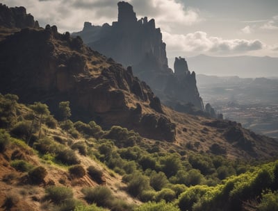A large ferry boat is carrying several trucks across a wide river. The boat has a multi-story structure and is painted in shades of blue and white. There are green, hilly terrains on the left side and mountainous landscapes in the background with a calm sky.