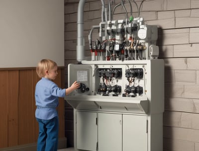 A stylish storefront window features a logo and text advertising a store specialized in repairs, alterations, laundry, and coffee to go. The reflection of a scenic urban street with historic buildings can be seen in the glass, blending the interior workspace with vintage sewing machines and tools, and the outside world.