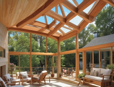 A small automotive repair shop with a distinctive red and white facade, located on a quiet street. The building is one story with large glass windows and a sign displaying the name of the business. A black car is parked in front of one of the garage doors. Tree-lined streets with houses are visible in the background, bathed in the soft light of late afternoon.