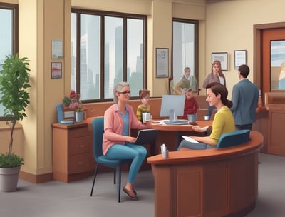a woman sitting at a desk with a man and woman