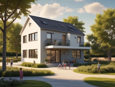 A single-story house with large windows and a dark roof is surrounded by a lush green lawn, with a backdrop of tall trees. The sky is bright blue with scattered fluffy clouds, and the sunlight casts a warm glow on the scene.