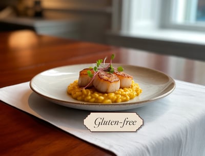 A photograph of an exquisitely plated gourmet meal presented on a crisp white linen tablecloth. The