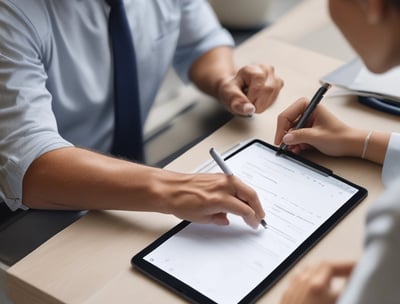 A person is signing documents on a dark wooden table. Multiple sheets of paper are spread out, with text and tables visible on them. The person is holding a black pen and wearing dark clothing, creating a contrast with the white papers.
