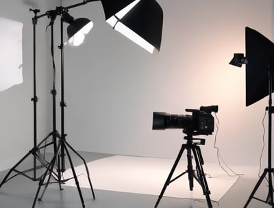 A well-lit film or photography studio setting with several people working. The backdrop is an expansive white screen with lighting equipment overhead and on the sides. Individuals are scattered throughout, some appearing to adjust equipment or collaborate on tasks.