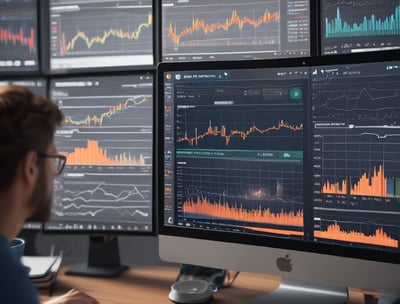 A computer monitor displays a cryptocurrency exchange interface with various graphs, charts, and numerical data. On the left side, there are options for buying and selling, as well as a list of recent trades. The main graph on the right shows a price chart with a candlestick pattern, indicating fluctuations in the market over a period of time.