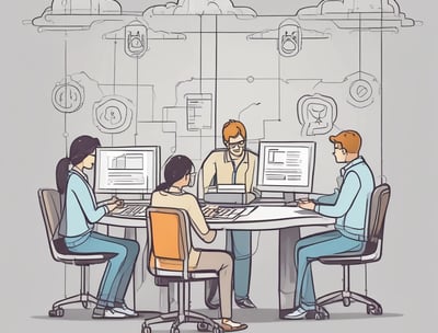 A modern interior with several people interacting with technology, including a digital currency ATM. One person is using a laptop at a table, another is standing at an ATM, and others are using their phones.