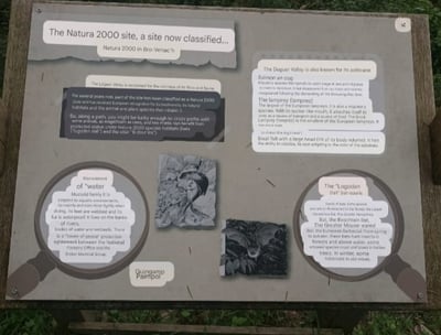 Panneau d'information sur les sentiers de randonnée de la Forêt de Coat-an-Noz, avec carte et détail