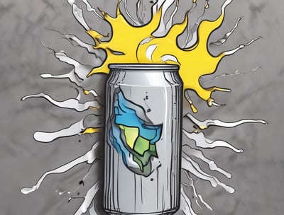 A hand holding a can of energy drink with liquid overflowing and foaming from the top. The can is labeled 'Positive Energy' with a tropical theme, displaying images of a coconut and lime.