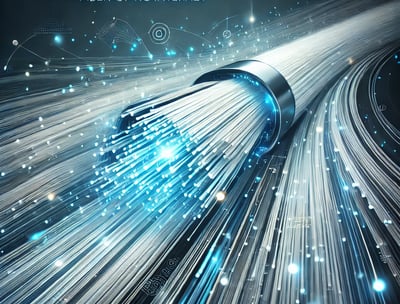 Fondo profesional y moderno con cables de fibra óptica brillando en tonos azules y blancos.