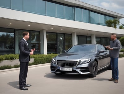 A luxury car with a sleek and polished metallic finish is parked on a cobblestone street. Its grille and headlamps are prominently visible, showcasing an opulent design typical of high-end vehicles.