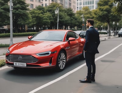 A luxury sports car with sleek black bodywork and blue accents is prominently featured in the foreground, showcasing its high-performance wheels. In the background, a private jet is parked on an overcast day, highlighting a scene of opulence and sophistication.