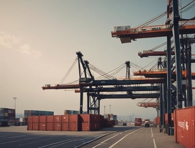 Several stacked shipping containers, predominantly showcasing the brands 'CMA CGM' on blue containers and 'EVERGREEN' on green containers. Below the containers is a blue and white sign with Asian characters.