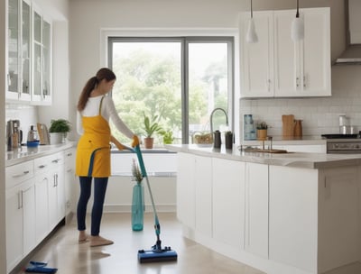 A person wearing protective gear including goggles, a face mask, and yellow rubber gloves is cleaning a window with a sponge in a well-lit room.