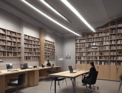 A monochromatic indoor scene featuring a consultation area with a modern design. Two people are seated at a long wooden table, working on laptops, while another person stands nearby. Bookshelves are visible beneath the table, and a sign reads 'Consultation Specialisee'. Overhead lighting and glass partitions add to the contemporary architectural style.