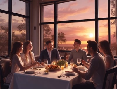 People are sitting in a restaurant or dining area, some of them raising white napkins in the air. The setting includes hanging lights and tables, with a focus on social interaction and enjoyment.