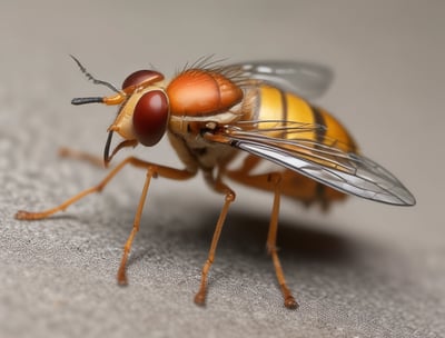 A close-up of an insect with elongated antennae perched on a textured surface. The insect has a striped body with shades of yellow and brown and a distinctive long snout.