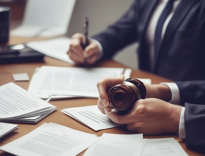 A person in a dark blue suit bends over a table with a laptop, interacting with another person seated and talking on a phone. They are both wearing masks. In the background, a woman dressed in black is also on the phone, standing nearby. The setting appears to be outdoor with an urban backdrop.