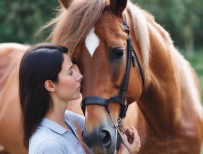A white horse is inside a stable with wooden beams and a metal grid fence. The horse is wearing a harness with a person standing next to it, adjusting the harness or leash. The stable is well-lit with fluorescent lights and has a sawdust-covered floor.