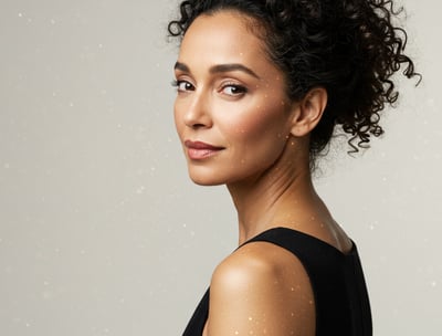 a woman with a black dress and a white background