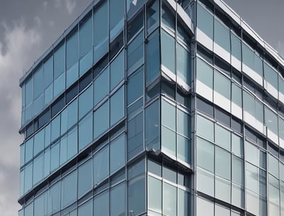 A modern office building with a prominent glass facade and a large colorful logo featuring a letter 'T' on the upper section. The entrance is covered by a transparent canopy supported by metal beams, leading into the building. The architecture displays a sleek, contemporary design with a mix of glass and concrete elements. Large windows are visible on both sides of the structure.