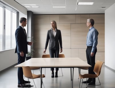 A modern, large, multi-story office building is prominently situated on a clear day, featuring the letters 'BCI' with a logo on its facade. The structure is surrounded by a well-maintained garden and a sidewalk where several people are walking. Nearby, cars are parked and some are driving along the street.