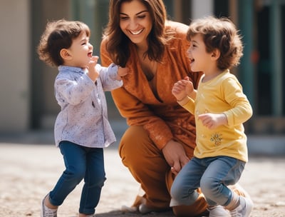 A woman sits comfortably on a couch, holding a young child on her lap. The child looks thoughtful while the woman seems relaxed, holding a smartphone in her hand. The room is decorated with indoor plants and features a modern lamp and wall clock.