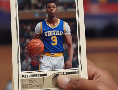 A hand is holding a basketball trading card encased in a protective plastic sleeve. The card features a player in a teal basketball jersey with the letters 'CHA' visible. The background is blurred, focusing attention on the foreground.