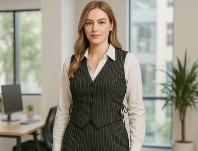 Professional woman in a pinstripe vest and white blouse standing in a modern office setting