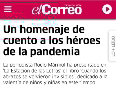Noticia en periódico sobre libro Cuando los abrazos se volvieron invisibles de Rocío Mármol