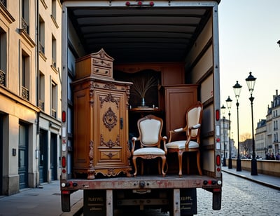 un camion porte arrière ouvertes et charger de meuble et antiquites
