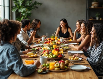 a group of people sitting at a table with food