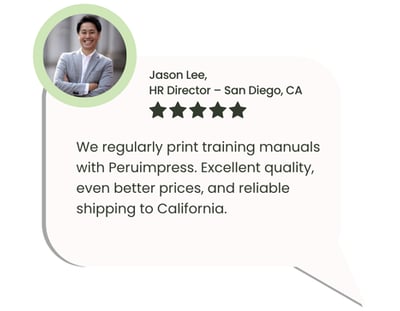 Client review on printing training manuals and shipping from Peru to California.