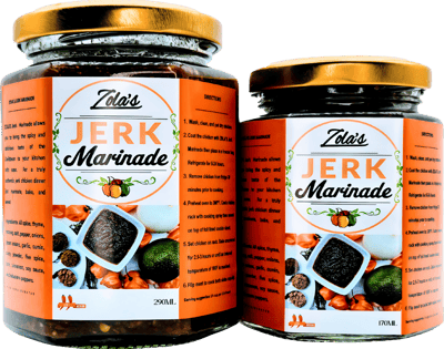 Small and large jars of Zola's Jerk Marinade