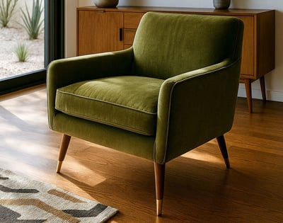 Olive green Mid-Century Modern chair with wood legs and styled rug