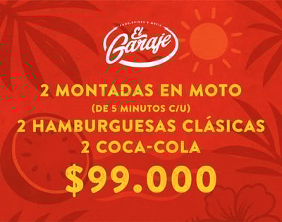 Combo El Garaje 2 montadas en moto, 2 hamburguesas y 2 coca colas