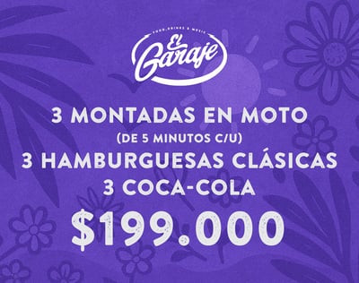 Combo El Garaje 3 montadas en moto, 3 Hamburguesas, 3 coca colas, 