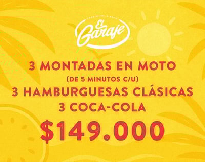 Combo EL Garaje 3 montadas en moto, 3 hamburguesas, 3 coca colas
