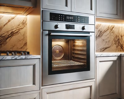a kitchen with a stove and oven in the middle 