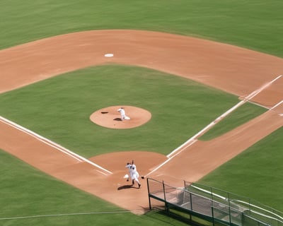 A person wearing a red helmet is poised in a batting stance with a baseball bat in a batting cage. The cage is enclosed with black netting and sunlight is casting shadows on the ground. The background shows some buildings and other equipment inside the cage.