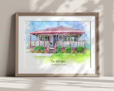 Framed watercolour painting of a house leaning against the wall with shadows