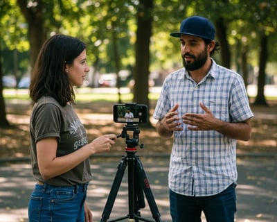 Photo of a young woman interviewing a man with her smartphone.