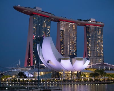 a large building with a large white lotus flower