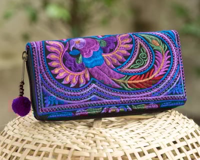 One of a Kind Hmong Hill Tribe Embroidered Women Wallet Purse with Pom Pom Zip Pull