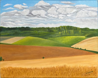 a painting of a landscape with a tree and a sky background