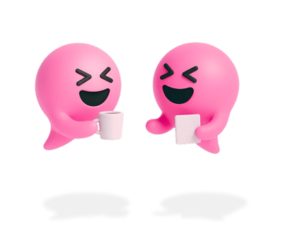 Two happy pink Blabit bubbles sitting together, one holding a white mug and the other holding a white notepad