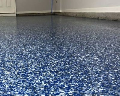 Blue and white epoxy flake flooring