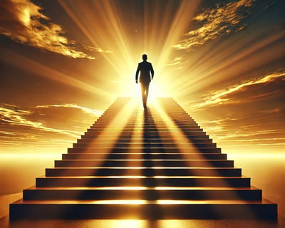 a man walking up a staircase way with a bright light shining down on a stairway