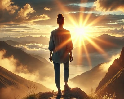 a person standing on a mountain top with a sunbeam